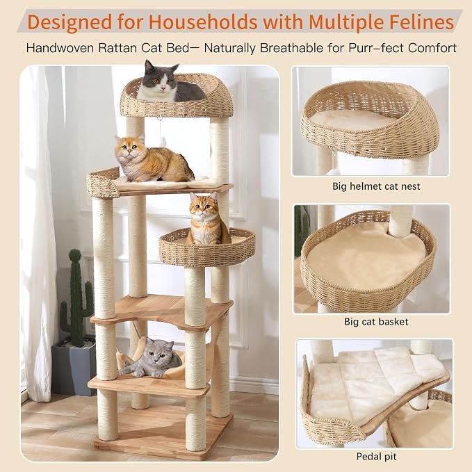 Wooden Cat Tree for Indoor Cats, 62 in Tall Cat Tower | with Scratching Post for Large Cats, Solid Wood Cat Condo, with Handwoven Basket and Hammock, Easy to Clean