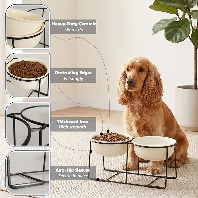 Ceramic Elevated Dog Bowl Set - Raised Double Feeding Bowls with Metal Stand - Pet Dishes for Medium and Large Dogs - 5.8 Cups - 47.3 fl oz - Beige