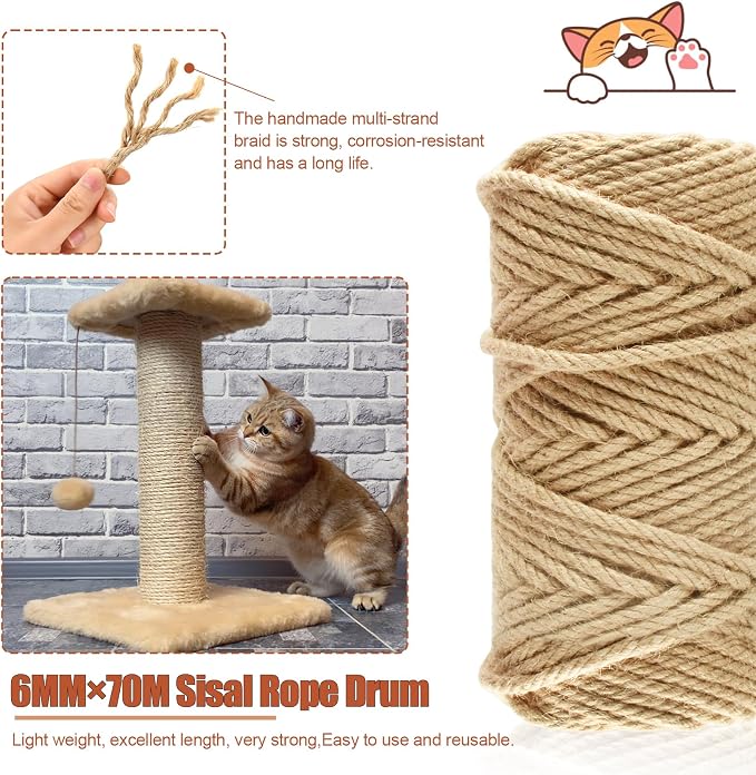 229FT/70M Natural Sisal Rope for Cat Scratching Posts, 6mm Thick Jute Hemp Cat Rope for Cat Tree Replacement, Cat Scratch Post Repair, DIY Projects, and Furniture Wrapping
