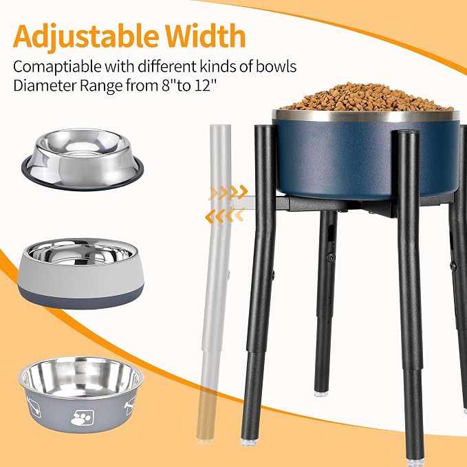 PROERR Dog Bowl Stand,Adjustable Tall Dog Food and Water Bowl Stand 8-12" Width 4 Heights,Durable Metal Elevated Dogs Bowl Holder for Medium and Large Dogs (Adjustable Wide 8-12" Heights 16")