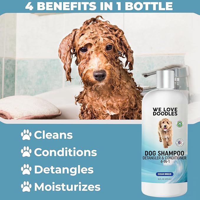 Dog Shampoo, Conditioner & Detangler, Gentle Tearless, Ocean Breeze, 16OZ | For Sensitive Itchy Skin, Hypoallergenic, Tearless, Best Shampoo For Smelly Dogs, Goldendoodle, Poodle & Doodle, Made in USA
