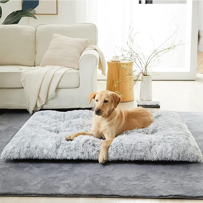 BFPETHOME Dog Bed for Large Dogs, Plush Kennel Pad for Sleeping &Ease Anxiety, Washable Mats with Anti-Slip Bottom - 53 x 36 inch, Grey