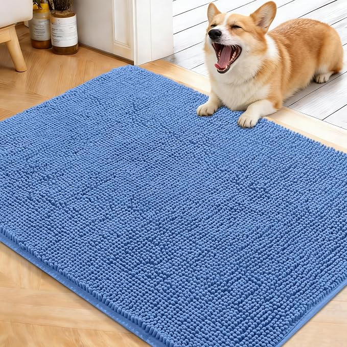 OLANLY Dog Door Mat for Muddy Paws 40x32, Super Absorbent Chenille Mud Mat | Cornflower Blue, Absorbs Moisture and Dirt, Non-Slip Machine Washable Doormat, Quick-Drying Indoor Entryway Carpet for Dogs