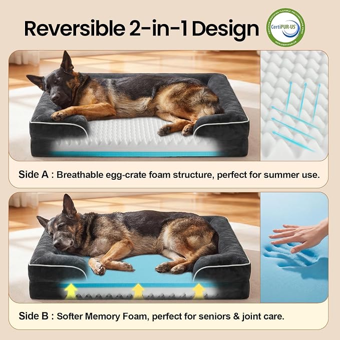 OhGeni Orthopedic Dog Bed Couch Big Cat Sofa for Extra Large Sized Pets with Memory Foam, Machine-Washable Waterproof Removable Cover, Soft Comfortable Fabric, 44-inch (Black)