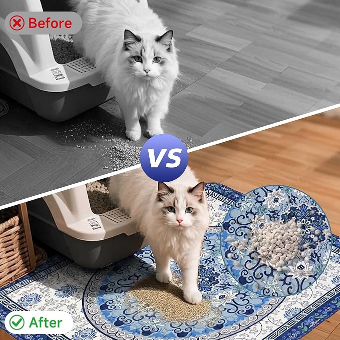 Cat Litter Mat, Reusable Kitty Litter Trapping Mat 2 PCs, 35"x35" Washable Litter Mats for Cats, Waterproof & Non-Slip Compatible with Cat Box (Indigo Blue Medallion, 35"x35"(2 PCS))