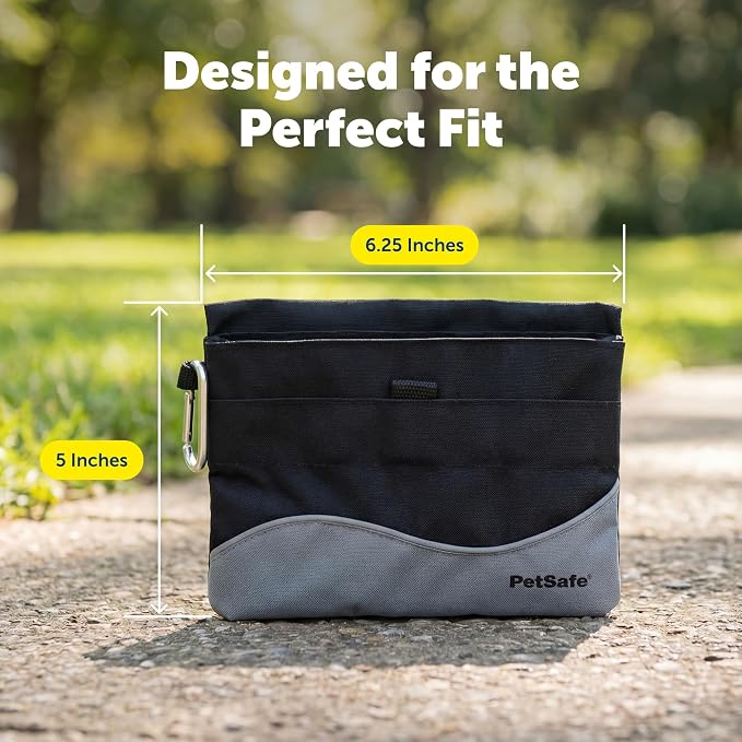 PetSafe Dog Treat Pouch Sport, Black, Mini, 6.25 in L x 5 in H | Water & Stain-Resistant Training Pouch with Divided Treat Pocket, Belt Clip & Carabiner for Keys or Bags, Machine Washable