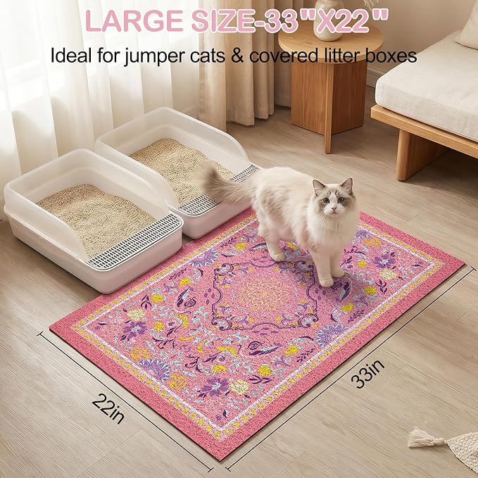 Glittme Cat Litter Mat with Non-Slip Bottom Litter Box Mat 33"X22" Litter Trapping Mat Easy to Clean Washable Cat Food Mat for Kitty,L