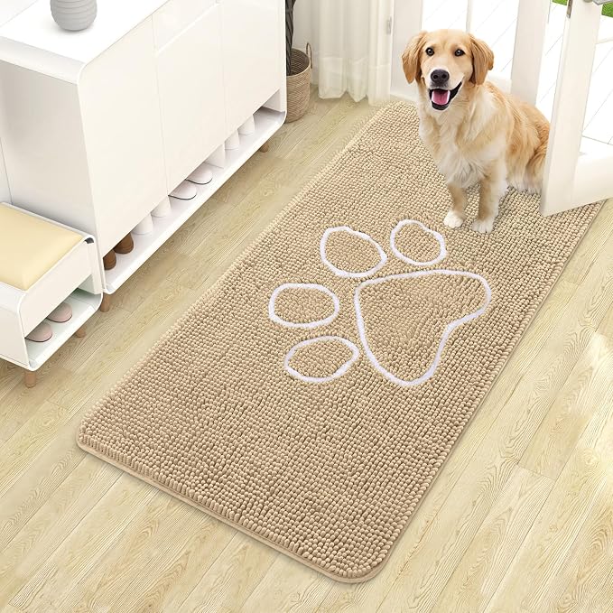 OLANLY Dog Door Mat for Muddy Paws 44x24, Paw Print Design Chenille Mud Mat | Beige, Absorbent, Traps Moisture and Dirt, Non-Slip Washable Doormat, Quick-Drying Indoor Entryway Floor Carpet for Dogs
