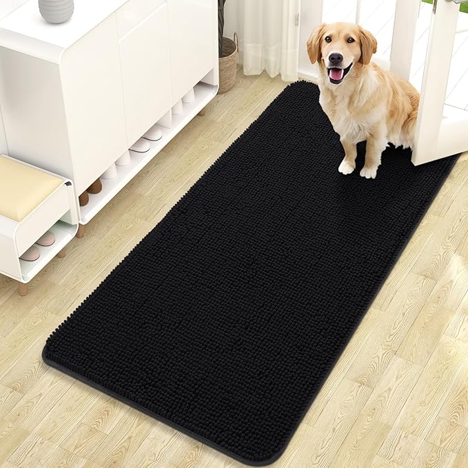 OLANLY Dog Door Mat for Muddy Paws 47x24, Super Absorbent Chenille Mud Mat | Black, Absorbs Moisture and Dirt, Non-Slip Machine Washable Doormat, Quick-Drying Indoor Entryway Floor Carpet for Dogs