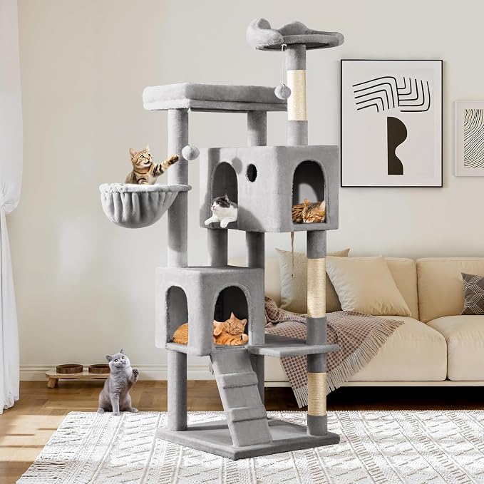Allewie 64 Inches Multi-Level Cat Tree Tower for Indoor Cats, Grey | Activity Center for Big Felines, 2 Plush Condos, 2 Perches, Cozy Basket, House, Sisal Scratching Posts, Hanging Cat Toys