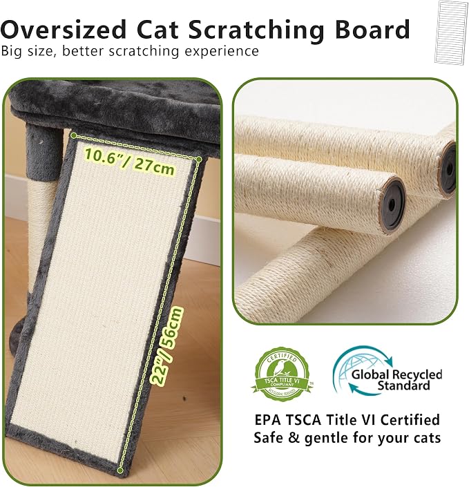 Heybly Cat Tree 72.4-Inch Anti-Tip Cat Tower with Spacious Perches HCT060G | All-in-One Cat Furniture for Large Cats, Multiple Interactive Areas, Extra-Large Sisal Scratching Board, Smoky Gray