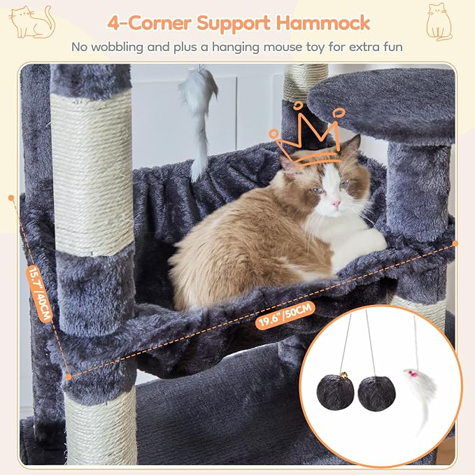 Taoqimiao 76.8in Cat Tree, Heavy Duty Tall Cat Tower for Large Cats F40G | Easy Climbing, Extra Large Sturdy Base, Multi-level Tower, 7 Scratching Posts, Large Hammock, 2 Houses, 2 Perches