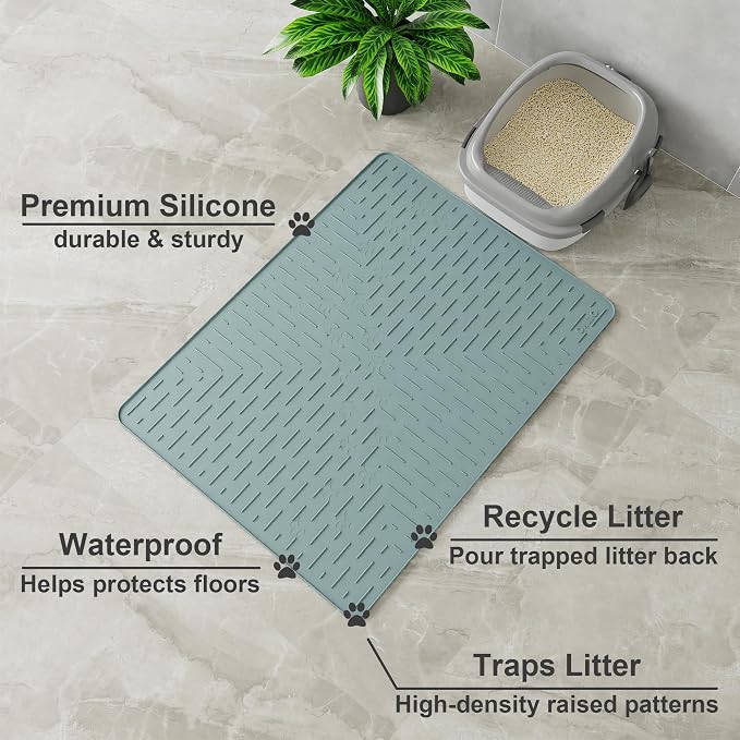 OHMO Large Cat Litter Mat, 31.5x23.6 Silicone Trapping Mat Light Blue | for Kitty Litter Box, Easy Clean, BPA Free Rubber, Center Litter Collection, Easy Pour-Back, Waterproof, Odor-Resistant