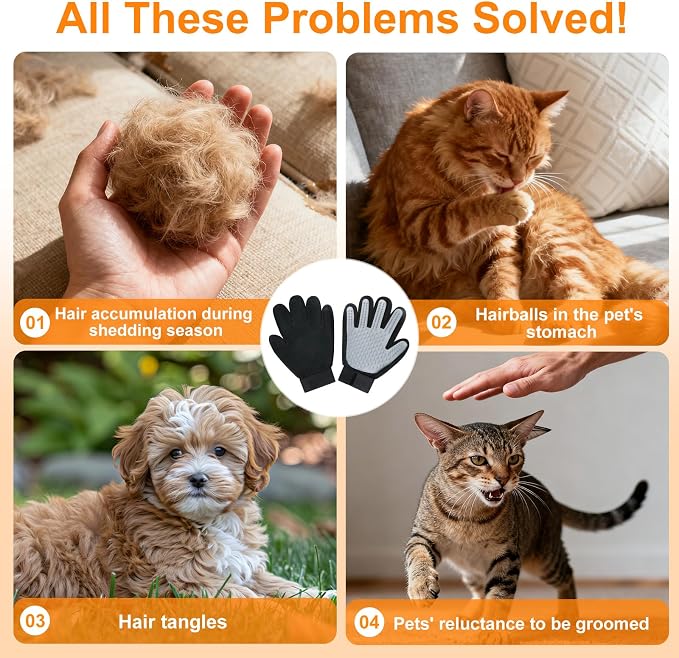 Cat & Dog Grooming Gloves for Shedding Brushes 1 Pair and Pet Grooming Rake 1PC, Double Sided Dematting, Deshedding Brush & Massage, Safe for Dogs & Cats