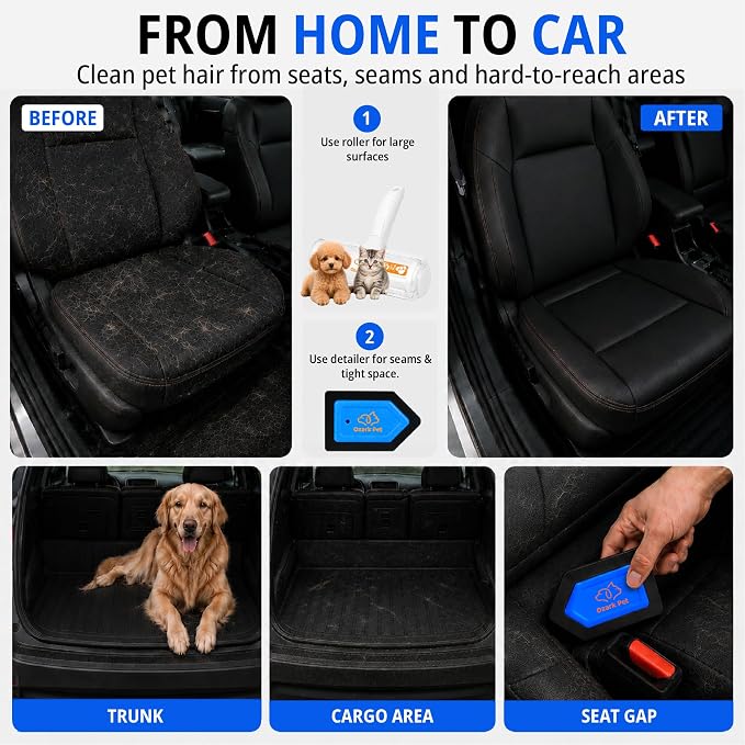 4-in-1 Pet Care & Pet Hair Control System for Dogs & Cats – Deshedding Tool, Pet Hair Remover, Grooming Glove & Detail Cleaner for Furniture Couch Carpet Home & Car (Blue, Combo 4-in1 Large)
