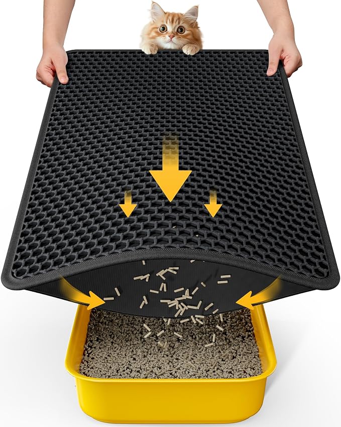 Powools Cat Litter Mat, 23.2 x 14.6 in, Waterproof, Non-Slip, Black | Litter Trapping Mat, Easy to Clean, Litter Box Mat, Urine-Proof, Cat Toilet Training Systems Accessories, Indoor Cats