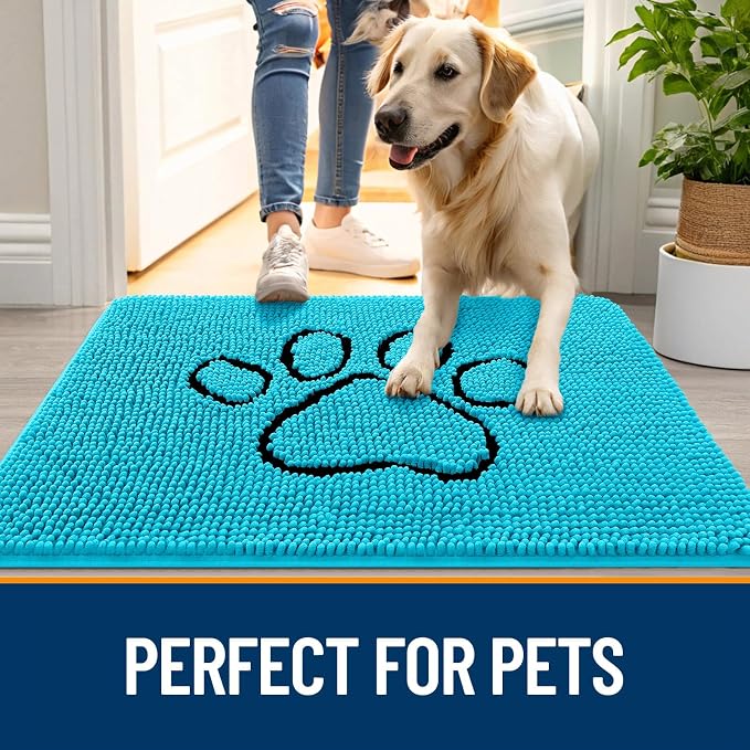 OLANLY Dog Door Mat for Muddy Paws 36x24, Paw Print Design Chenille Mud Mat | Aqua Blue, Absorbent, Traps Moisture and Dirt, Non-Slip Washable Doormat, Quick-Drying Indoor Entryway Floor Carpet for Dogs