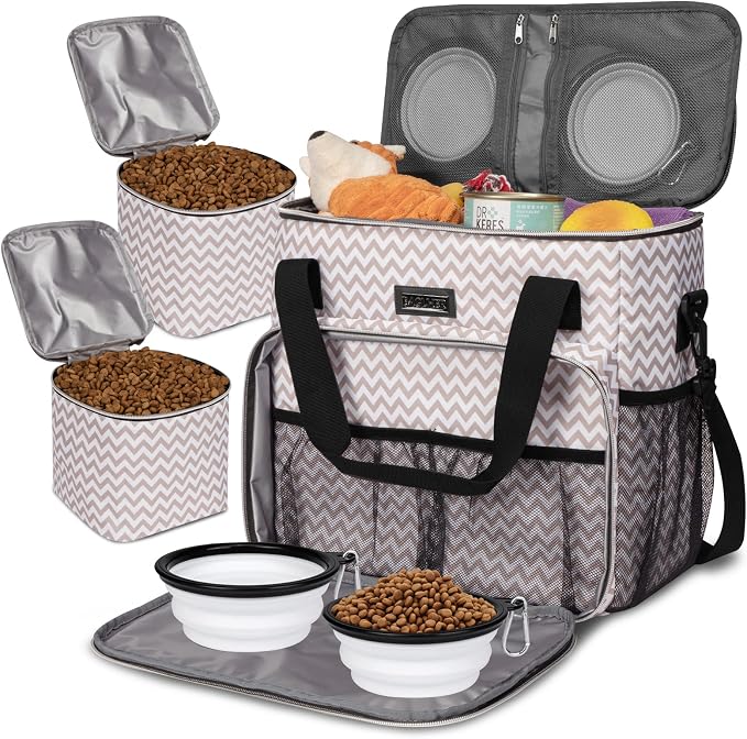 BAGLHER Dog Travel Bag, Pet Travel Bag (ALL Pet Travel Supplies), With 2 Pet Food Containers and 2 Collapsible Silicone Bowls; Essential Kits for Travel BLW