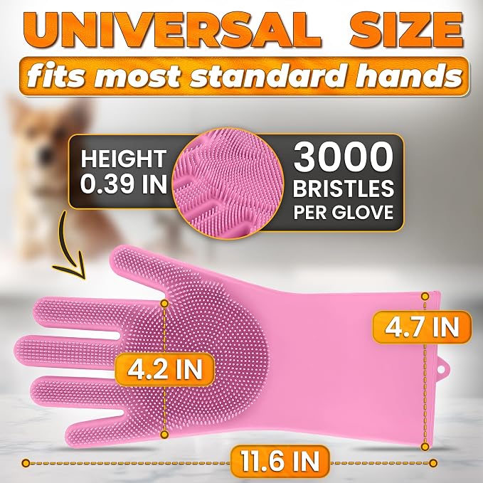 Cat and Dog Washing Gloves, 1 Pair, 11.6 in, Soft Silicone (Pink) | Dog Shampoo Gloves, Pet Bath & Grooming Mitt, 3000 Soft Bristles, Removes Loose Hair, Saves Shampoo, Massage, Wet or Dry