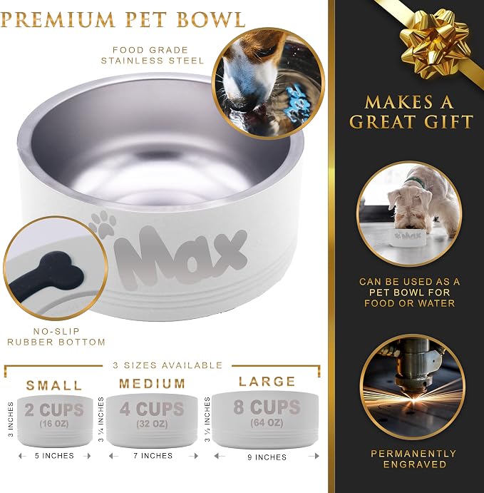 My Personal Memories Custom Personalized Stainless Steel Dog or Cat Bowl for Water and Food - Engraved Pet Bowl with Non Slip Bottom (Medium - 32 Ounces, White)