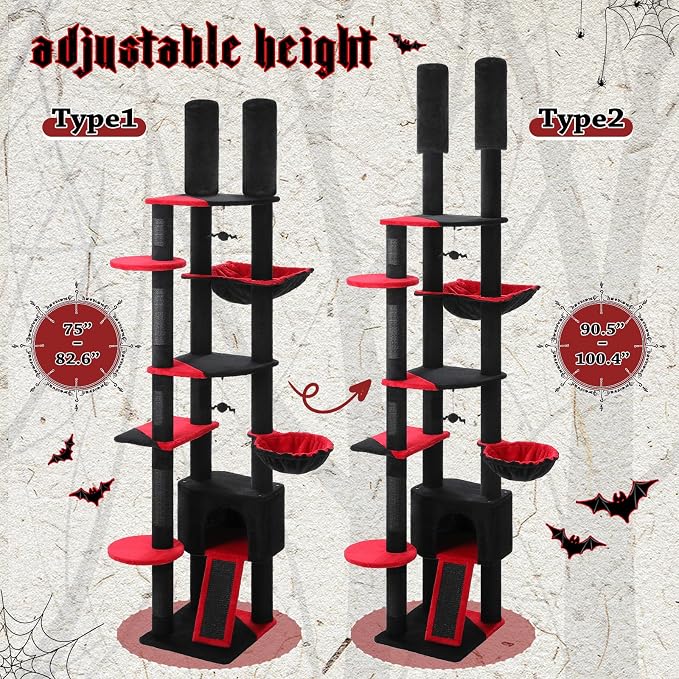 PEQULTI Floor to Ceiling Cat Tree Tower, Height Adjustable 230-252cm, Black | Gothic climbing pole for large cats with cat condo, hammock & sisal scratching posts; measure ceiling, fits 230-252cm