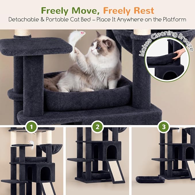 Globlazer Tall Cat Tree for Indoor Large Cats, 75 inch, F75C, Dark Grey | Multi-Level Cat Tower, 2 Large Platforms, 2 Oversized Cat Condos, 5 Scratching Posts, Scratching Board, Removable Pet Bed