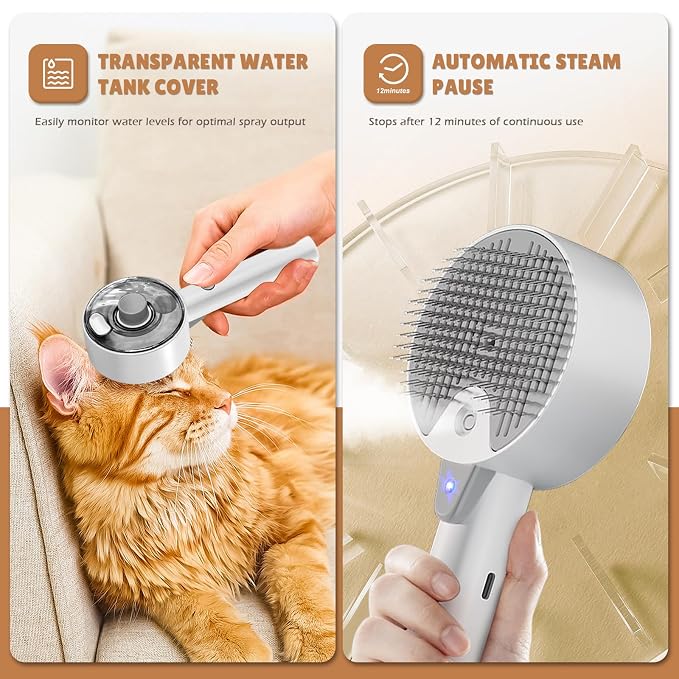 Cat Steam Brush for Indoor Cats, Spray Cat Deshedding Brush for Grooming | Self Cleaning Steam Pet Brushes with Spray, Helps Remove Loose Hair & Undercoat, Grooming Tool for Long & Short Hair Cats