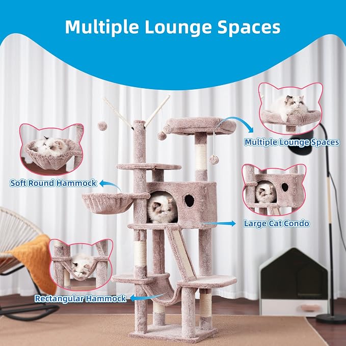 Hey-brother Cat Tree Tower with Padded Platform Bed, Hammock, MPJ019-SMU | 53 Inches Cat House with Large Cozy Condo, Toy Balls and Sisal Scratching Posts for Indoor Multi-Cats, Muchroom