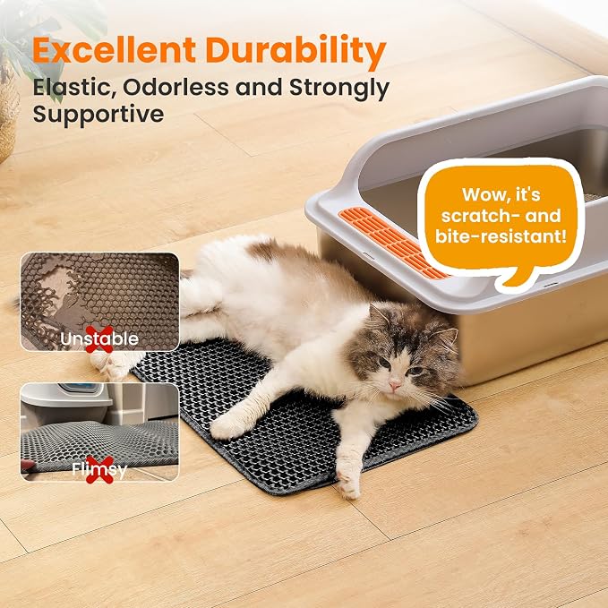 Small Cat Litter Mat, Double Layer Honeycomb Litter Box Mat | 20x14”, Reduces Litter Tracking, Waterproof, Non-Slip, Soft on Paws, Scratch Resistant, Easy to Clean, Black