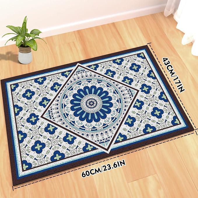Bohemian Kitty Litter Mat 24"x17",Non-Slip Litter Box Mat, Washable Cat Litter Rug Catcher,Double-Layer Litter Trapping Mat for Scatter Control, Easy Clean Cat Food Mat & Floor Protector