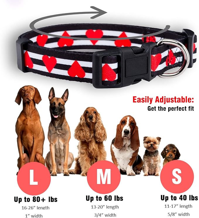 Native Pup Valentine’s Dog Collar- Valentines Day Pet Collars- Valentine Girly Hearts- Pink Red Heart- Cute Boy Girl Puppy Gift- Adjustable for Small, Medium, Large Breeds (Striped Hearts, Medium)