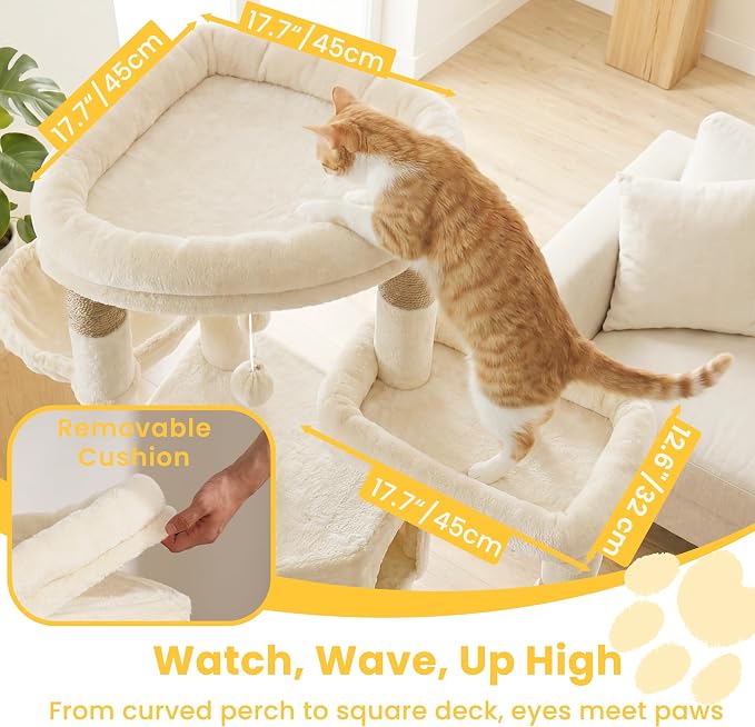 65" Cat Tree Tower, Anti-Tip Cat Condo for Indoor Cats VCT012MJ | Cat Furniture with Extra Wide Baseboard & Large Perch, 2 Hammocks, Cozy Condo, 7 Sisal Scratching Posts, Beige