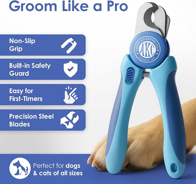 AKC Dog & Cat Stainless Steel Nail Clippers with Safety Guard and Nail File | Professional grooming tool with stainless steel blades and an easy-grip anti-slip handle for all pet sizes.