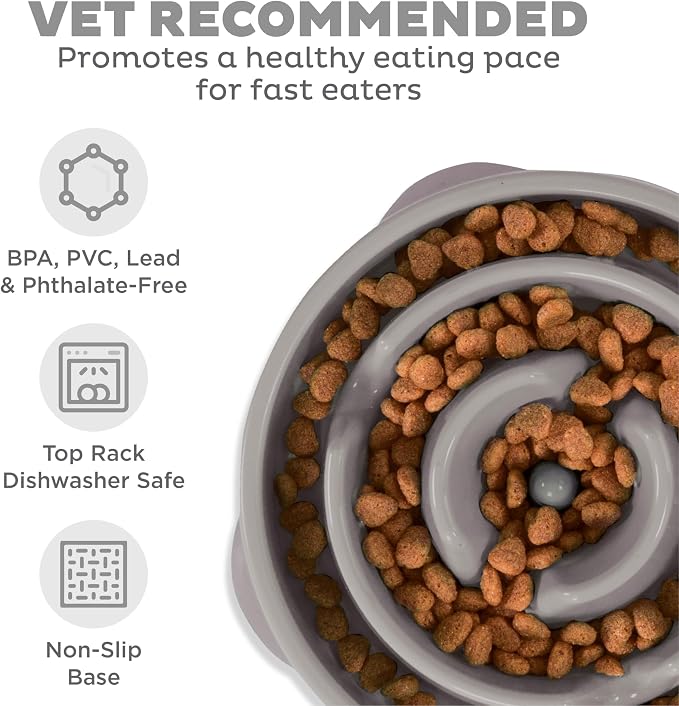 Outward Hound Fun Feeder Slo Bowl – Large 4‑Cup Capacity, Slow Feeding, Medium to Large Dogs, Non‑Slip, Gray, Drop Pattern, 11.75"