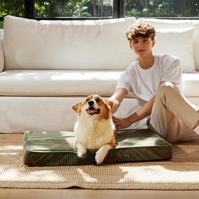 FUKUMARU Large Dog Bed, Thickened Waterproof Dog Mat with Washable Cover | Corduroy Orthopedic Dog Bed for Crate, 28D Egg Crate Foam Support Pet Mat, Cozy Flat Dog Pad with Anti-Slip Bottom, Green