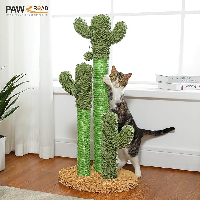 PAWZ Road Cactus Cat Scratching Post 35”Cat Scratcher with Toy Ball | Cactus Cat tree with 3 Sisal & Carpet Scratching Posts, Soft Carpet Base & Top, Interactive Ball for Adult and Indoor Cats
