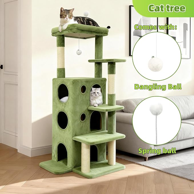 48" Cat Tree Tower for Indoor Cats, Multi-Level Cat House for Large Cats with 3 Cozy Cat Condos, Extra Large Top Perch, Sisal Scratching Posts & Climbing Steps, Green