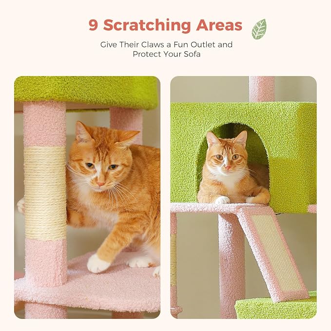 Flower Cat Tree Tall 70.8" for Adult Indoor Cats, 8-Levels Large Cat Tower with 8 Sisal Posts, 2 Hammocks, 2 Condos, Big Perch & 3 Pom Poms for Multi-Cats Household – Carpet Pink