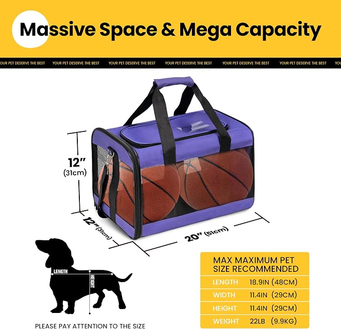 Conlun Dog Carrier Soft Sided, Large Cat Carrier with Inner Safety Leash, Pet Transport Carrier for Large Cats and Medium Dogs up to 20 Lbs, Collapsible Travel Puppy Carrier Bag -Purple L
