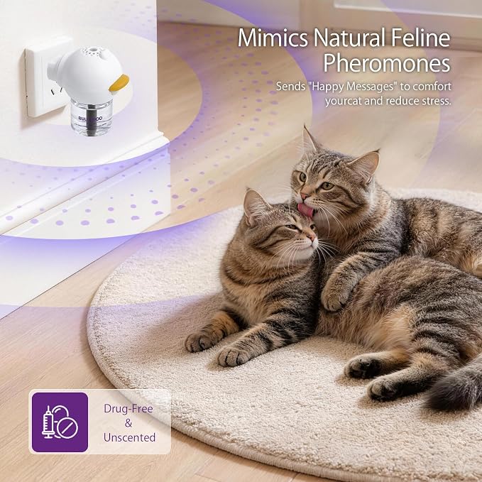Cat Calming Pheromone Diffuser Set (Dual Zone Coverage) – 2 Diffusers + 2 x 48ml Refills – Helps Reduce Urine Spraying, Scratching & Fighting – Unscented Stress Relief for Multi-Room Homes
