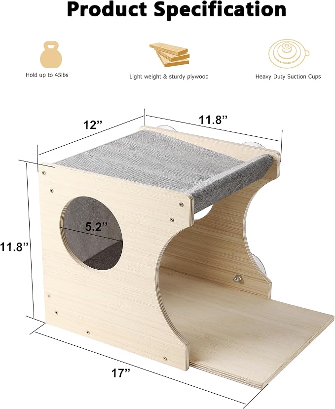 Cat Window Perch，2-Tier Hammock & Hideaway House with Strong Suction Cups | Right-opening, Drill-Free, Hold Up to 45 lb Support, For Small to Medium Cats, Let Cats Lounge, Climb and Watch Outside