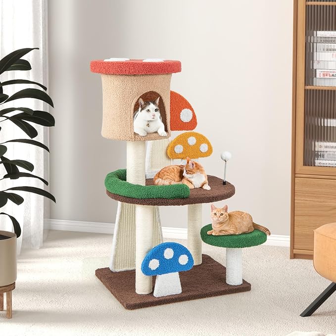 PETSITE Mushroom Cat Tree, 40.5-inch Tall Multi-Level Cat Tower with Natural Sisal Scratching Posts & Boards, Cat Condo and Spring Ball, Cute Cat Tree Tower for Indoor Cats Large Adults, Patented