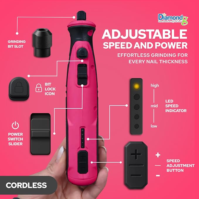 Diamondg Cordless Dog Nail Grinder - Quiet Sound with LED Light, Pink | 5-Speed Rechargeable Pet Nail Trimmer for Small & Large Dogs, USB-C Charging, 4hrs. Runtime, Painless, 2 Bits Included