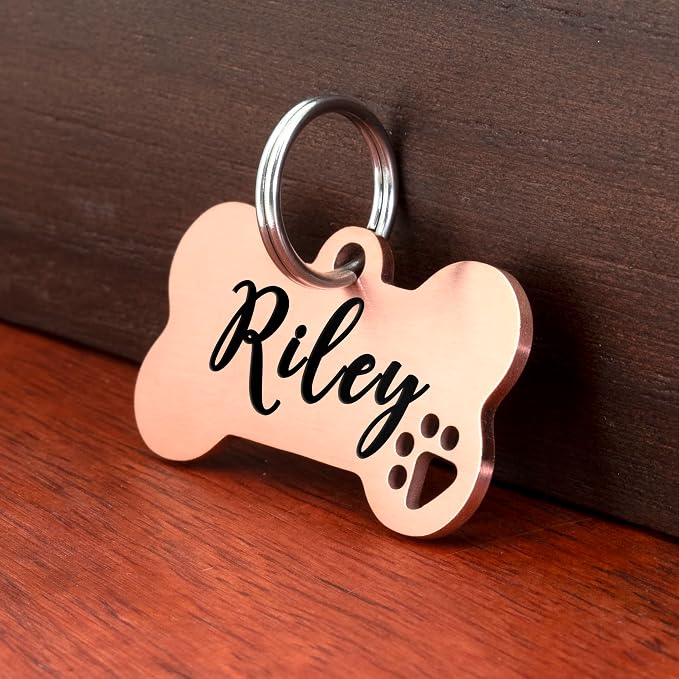 Ultra Joys Dog Tags Personalized for Pets - Hollow Paw Custom Pet ID Tag - Engraved Dog Tag for Small, Large Dogs - Small Bone in Rose