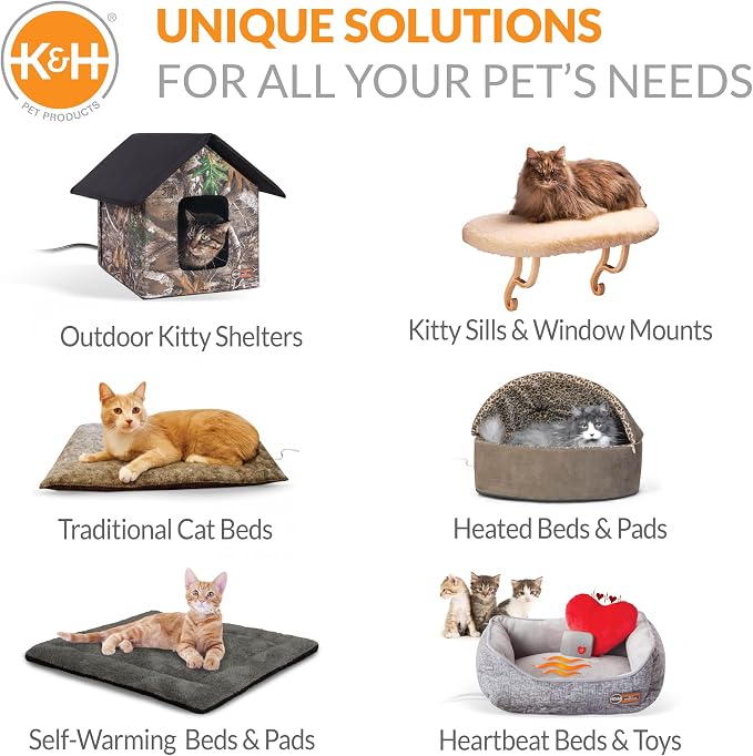 K&H Cat Window Perch, Heated Kitty Sill, Safety Listed, 24x14in, Fleece | Orthopedic Cat Window Hammock Bed Holds 40LBS, Washable Cover, Heated Kitty Windowsill Bed Seat for Indoors, Cream Fleece