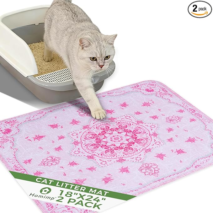 Homimp Cat Litter Mat, Litter Trapping Mat 2 Pack, Contains Mess from Box, Protects Floors,Urine Waterproof,Non-slip,Less Waste Cat Litter Box Mat,Soft on Kitty’s Paws,Washable,Absorbent,Pink 18"X24"