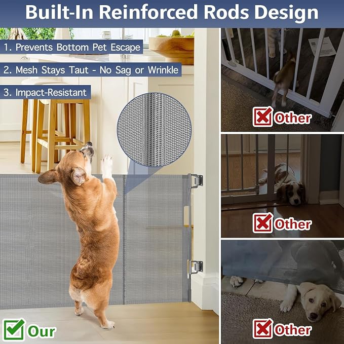 Reinforced 18 Inch Tall Retractable Pet Gate Short Dog Gates to Step Over, 55" Wide Small Dog Gate Indoor Outdoor Retractable Gate, Low Dog Gate Doggy Gate Puppy Gates for Doorways, Stairs, Gray