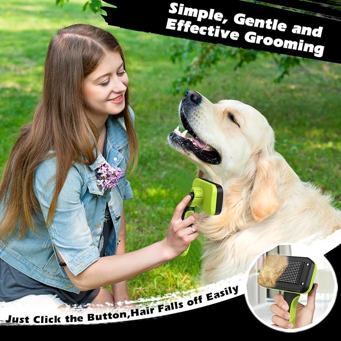 Professional 3PCS Self Cleaning Slicker Brush & Pet Grooming Rake & Flea Comb for Dogs,Cats and Horses | Double-Sided Dematting Comb & Skin Friendly Deshedding Grooming Tool | Pet Supplies (Green)