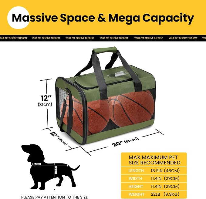 Conlun Dog Carrier Soft Sided, Large Cat Carrier with Inner Safety Leash, Pet Transport Carrier for Large Cats and Medium Dogs up to 20 Lbs, Collapsible Travel Puppy Carrier Bag -Green L