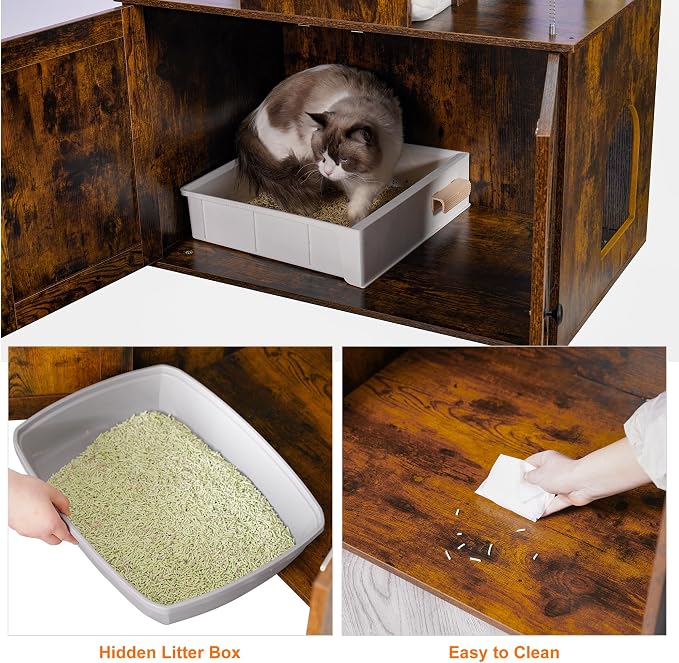 Heybly Cat Tree with Litter Box Enclosure for Indoor Big Cat HCT110SR | Cat Tower for Large Cats 20 lbs Heavy Duty, Modern Cat Condo Furniture with Scratching Posts, Rustic Brown